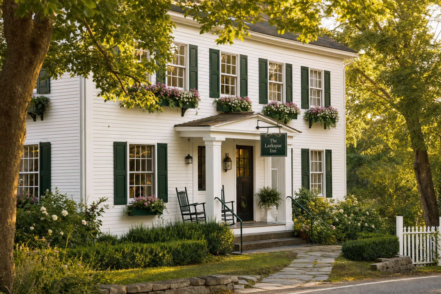 The Larkspur Inn — a white clapboard Cape Cod inn with green shutters and flower boxes